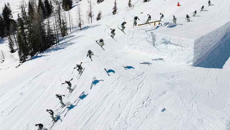 Blue Tomato team riders on a kicker in Nordkette Innsbruck