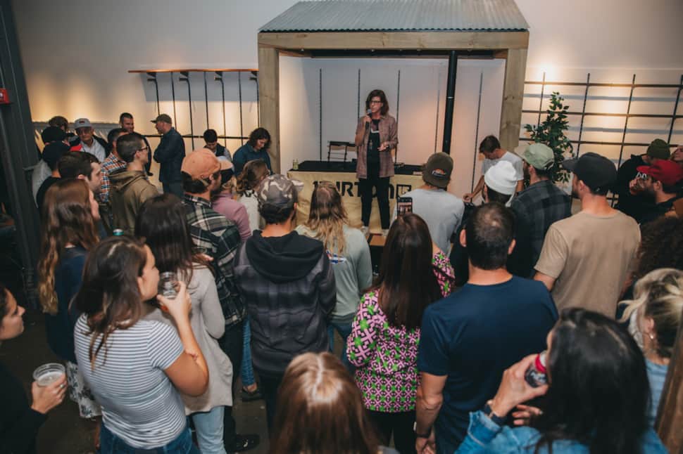 Co-CEO Donna Carpenter announcing that Burton is now a B Corporation at the company headquarters in Burlington (Pic: @JesseDawson)